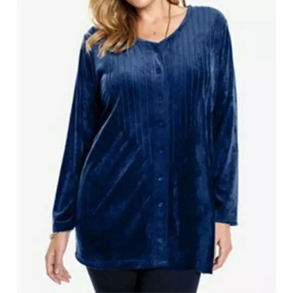 Woman Within Velour Pintuck Button Up Knit Tunic Top Blouse Blue V-Neck Size 2X - Picture 1 of 10